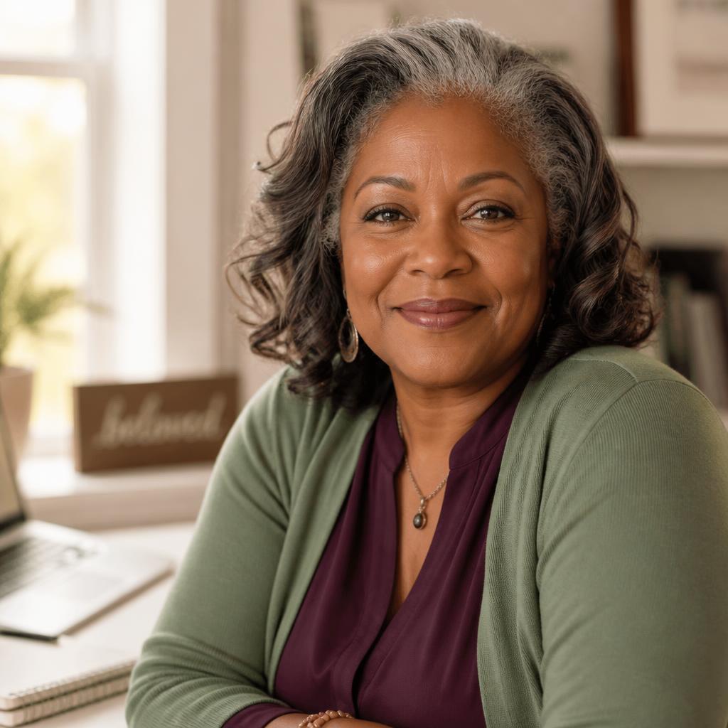 Beloved, your course instructor — a warm 55-year-old woman smiling at her desk